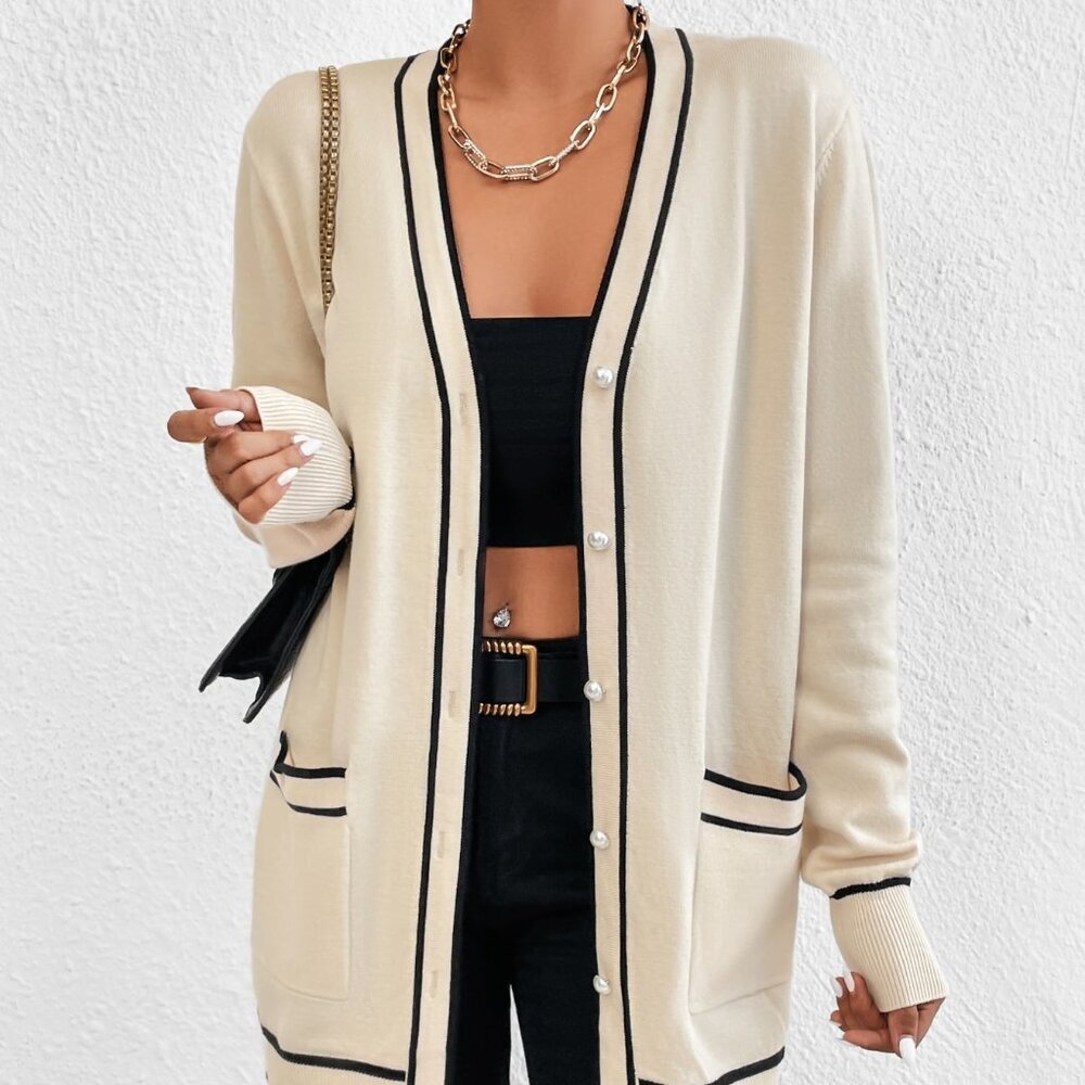 Apricot Casual Women's Contrast Trim Patched Cardigan with Pocket